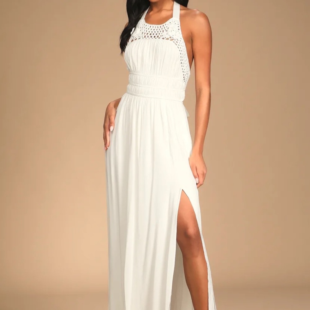 Lulus Floral White Crochet Halter Maxi Dress